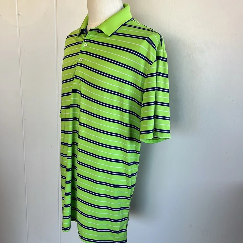 RLX Ralph Lauren Golf Polo Blue & Lime Green Stripes S/S Logo on Sleeve Men XL